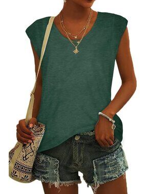 Women's Green Tank Top Summer Cap Sleeve T Shirts V Neck Dressy Casual Loose Fit